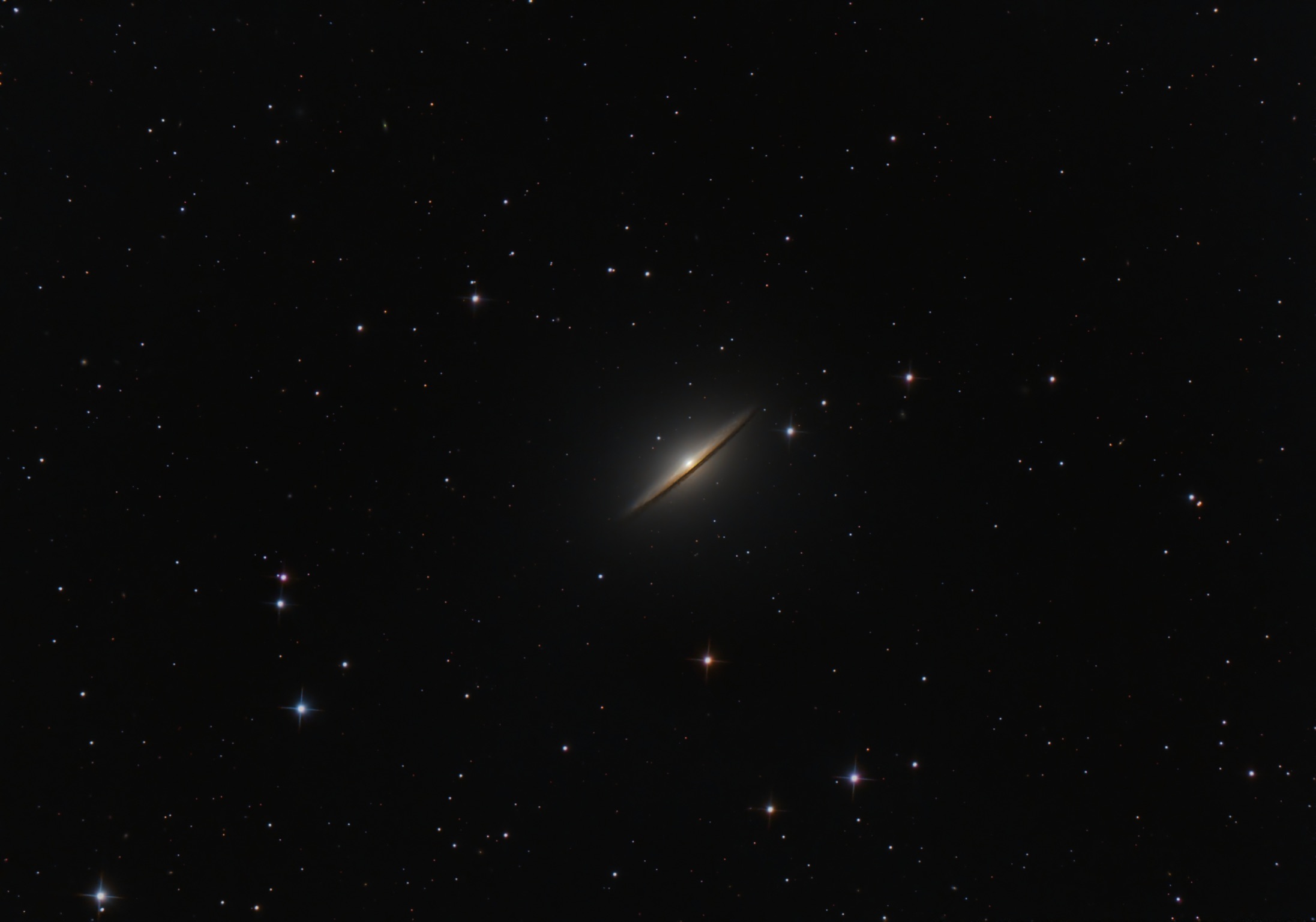 Voici la magnifique M104 (ou galaxie du Sombrero) dans la constellation de la Vierge non loin de l'étoile Spica.
C'était plus compliqué car le Lune presque pleine était juste au dessus, heureusement la cible est assez brillante (magnitude 8), j'ai même pu l'observer la même nuit aux Jumelles (10x42) et la photographier juste à l'appareil photo (voir photo suivante)
Télescope RC8 203/1624, caméra ASI2600MC duo, monture ZWO AM5 - 104x120s (3h30)
Traitement : Philippe Bizien
