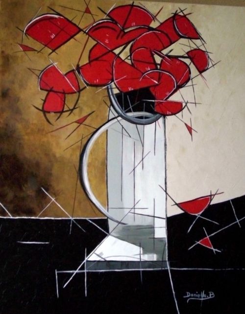Coquelicots au vase blanc sur fond abstrait d'après Jiel 50x61