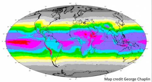 Irradiation UV annuelle moyenne à la surface de la Terre, mesurée par le satellite Toms7 de la NASA
