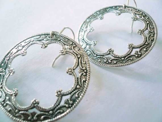 Silver hoops. Earrings with large antiqued silver filigree on sterling silver ear wires.