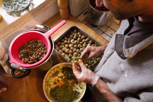 Escargots de bourgogne au beurre persillé et au Pest'Auvergne (basilic, cantal vieux, noix, huile d'olive)