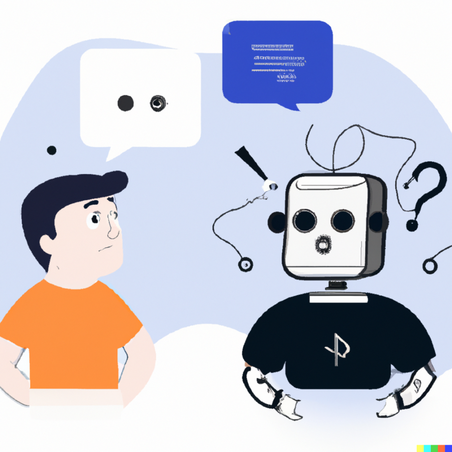 DALL·E-An-illustration-for-a-technical-article-about-a-dialog-betwen-a-developer-and-a-chat-bot-generating-code