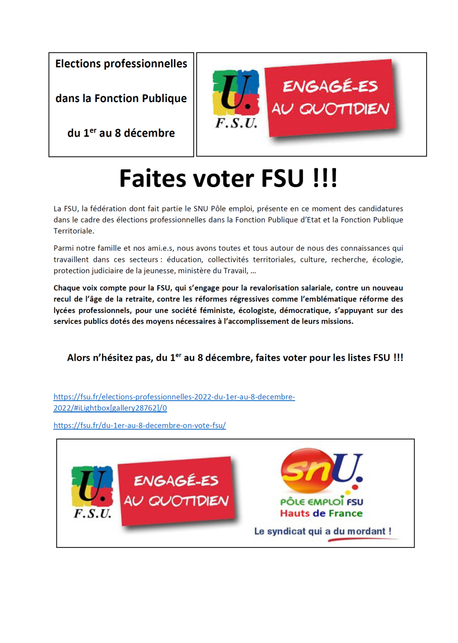 Faites voter FSU aux élections pro dans la Fonction Publique !
