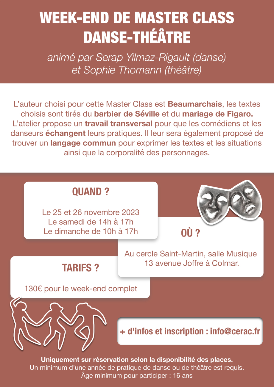 Affiche présentant les informations pour une master classe de danse/théâtre.