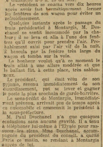 Deschanel tombe du train 25-5-1920 extrait article.png