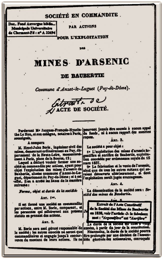 Extrait de l'Acte constitutif de la Société des Mines de Bosberty 63