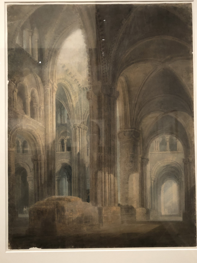 Cathédrale de Durham : intérieur, vue vers l'est le long de l'aile sud
1797-1798

En 1797, Turner parcourt tout le nord de l'Angleterre ce qui lui fournit un grand nombre de sujets paysagers et architecturaux.