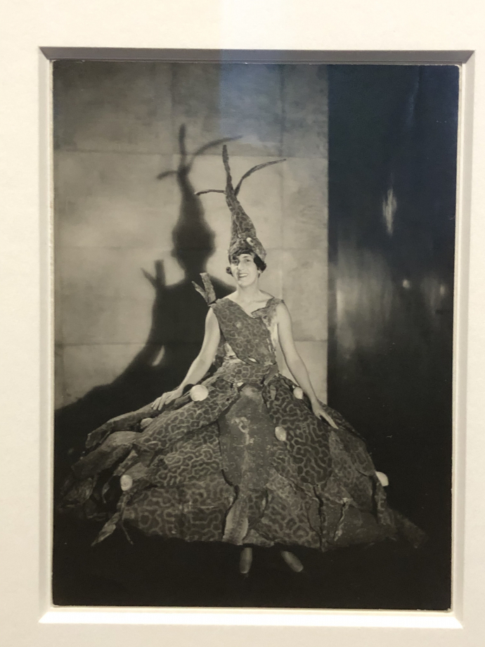 Marie-Laure de Noailles, le Bal du fond de la mer
Elle pose devant un mur tapissé de parchemin ; sa robe et son chapeau assortis sont réalisés avec des couches superposées de galuchat moucheté.
Cette photographie fut publiée dans Variétés le 15 juillet 1928, un des premiers numéros de cette revue où la photographie tient une place importante