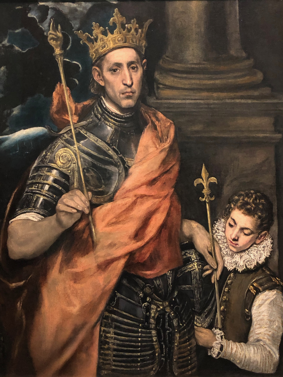 Saint Louis et son page
1585 1590
Paris, Musée du Louvre, département des peintures

Autrefois considéré comme un portrait de Saint Ferdinand, il est désormais acquis que le tableau représente Saint Louis, Roi de France, fils de Blanche de Castille, Saint Louis est une figure populaire en Espagne.