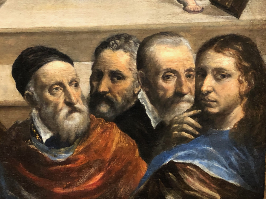 détail du tableau

Greco y insère le portrait de ses principaux modèles auxquels fièrement il entend se mesurer :
Titien, Giulio Clovio, Michel-Ange et Raphaël