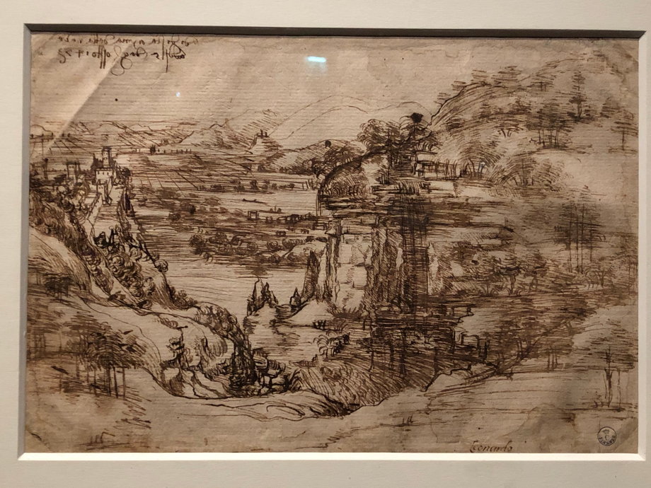 Léonard de Vinci
Paysage de la vallée de l'Arno 
Florence, Gabinetto Disegni e Stampe defli Uffizi

C'est le plus ancien dessin daté de Léonard. Il porte l'inscription en haut 