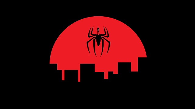 spiderman sur une araignée sur des immeubles