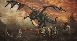 Des chevaliers affrontant un dragon