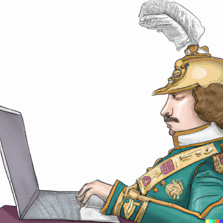 DALL·E 2024-06-28 22.22.23 - L'Empereur Napoléon III travaille sur un MacBook Air.png