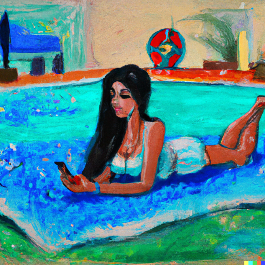 Une jeune femme arabe en bikini allongée sur une pelouse au bord d'une piscine surfe sur son téléphone peinture.png