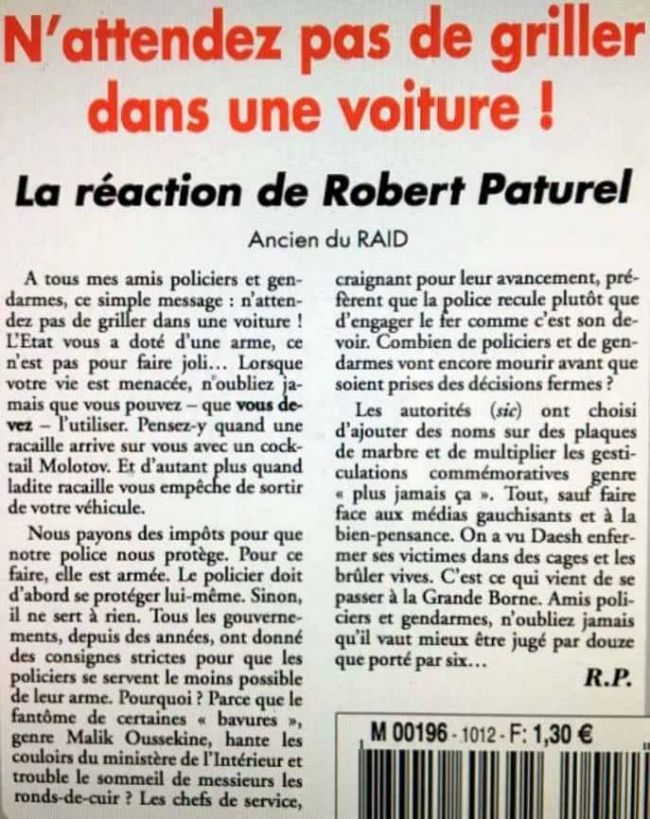 Communiqué de Robert Paturel, ancien instructeur du RAID, à tous les policiers et gendarmes !