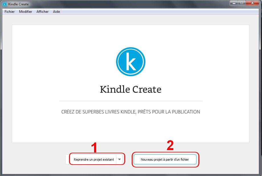 page d'accueil Kindle Create
