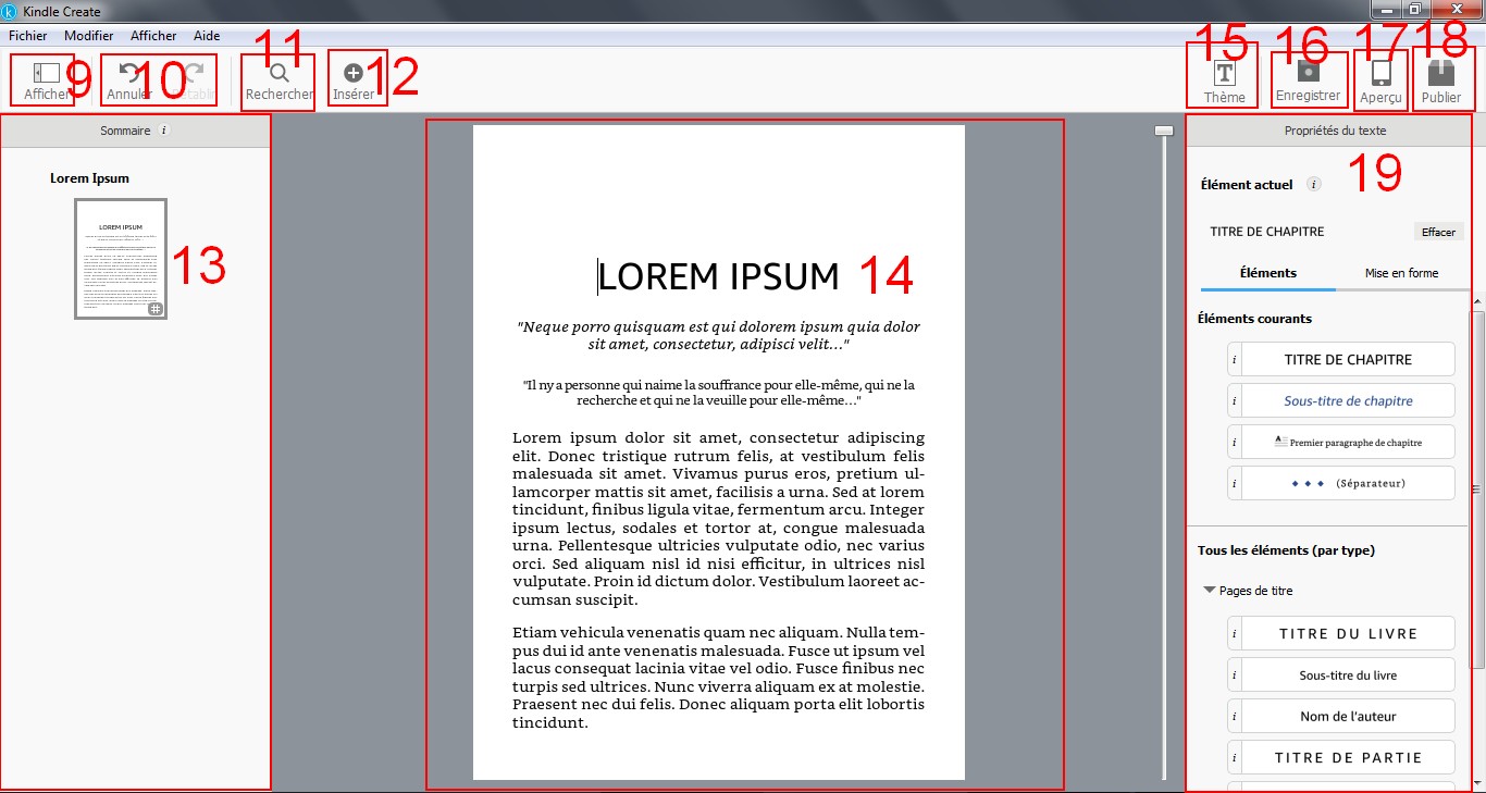 descriptif des fonctionnalités disponibles depuis l'interface Kindle Create