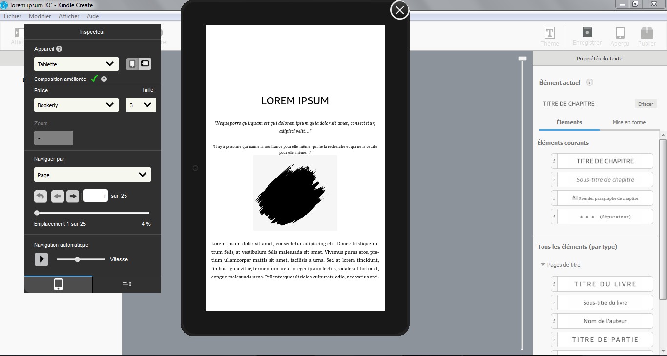 présentation de l'interface de l'aperçu de Kindle Create