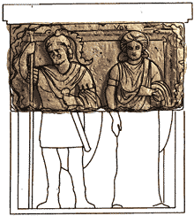 pilier_1a Mars est accompagné d’une déesse qui pourrait être Minerve Vénus Boudana (une divinité celtique) ou encore Cérès. Le bandeau supérieur portait une inscription qui a disparu.gif