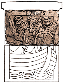 pilier_2cTrois personnages portant la barbe les seniores sont équipés de boucliers hexagonaux Le bandeau supérieur porte l’inscription « EURISES ».gif