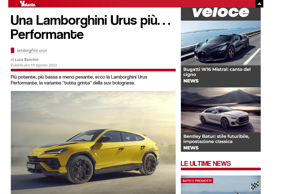 LAMBORGHINI Urus Performante 2022 - couverture Al Volante août 2022