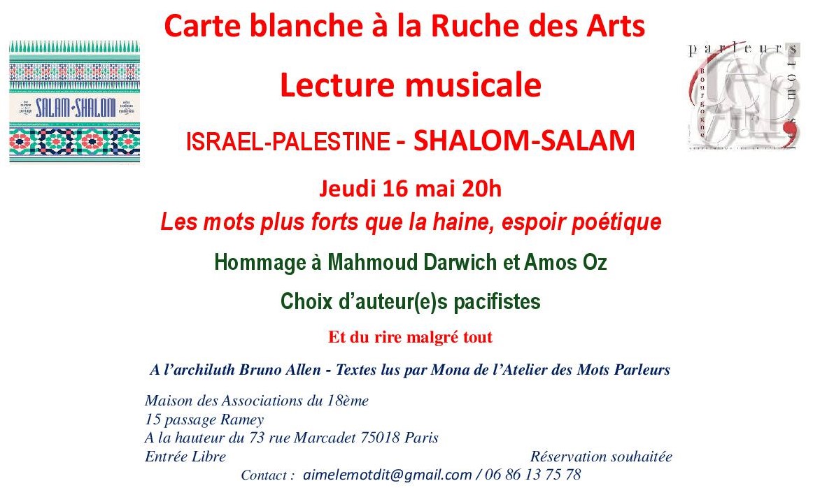 Lecture musicale Israel-Palestine 16 mai