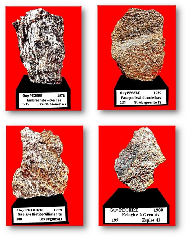 Embrechite à oeillés-Paragneiss à deux micas-Gneiss à biotite Sillimanite-Ecologite à grenats - Inventaire et photos : Guy PEGERE