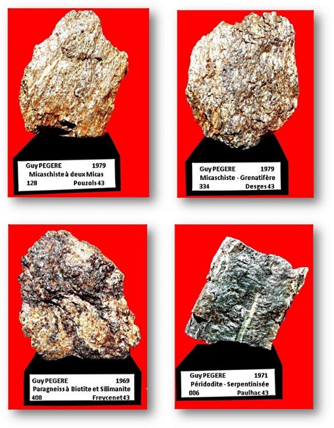 Micaschite à deux micas et grenatifère-Paragneiss à biotite et sillimanite-Péridotite serpentinisée - Inventaire et photos : Guy PEGERE