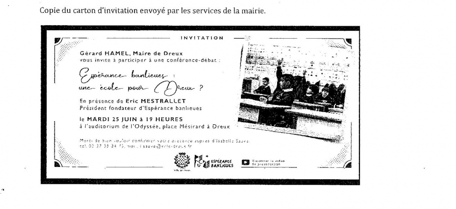 L'invitation envoyée à des Drouais susceptibles de soutenir l'opération. Le logo de la Ville de Dreux apposé à celui de la fondation 