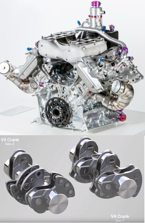 moteur PORSCHE 919 2.0 l turbo hybride d'endurance
avec 2  types de vilebrequin, la génération 2 en croix (à gauche) étant à priori meilleure sur le plan vibratoire