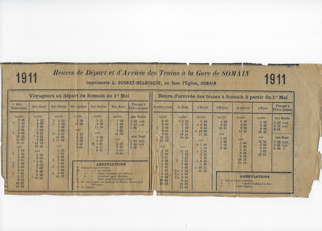 Un document rare imprimé en 1911 par l'imprimerie LDH (Léon Dusart Helbecque) concerne des horaires de trains de toutes les lignes au départ et à l'arrivée en gare de Somain.