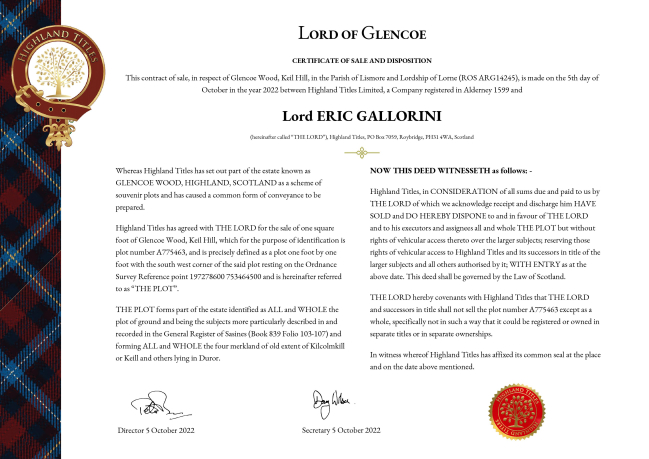 La littérature mène à tout. Après la parution d'Effie, me voici devenu  Lord de Glencoe... Merci Highland Title pour le cadeau...;)