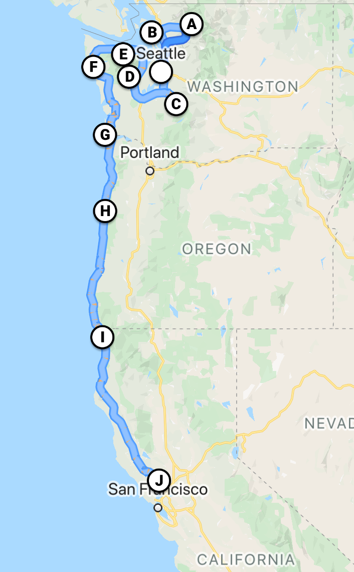 Seattle – North Cascades National Park – Deception Pass Statepark et les baleines – Mount Rainier National Park – Olympic National Park – Côte de l’Oregon – Redwoods National Park – Napa Valley