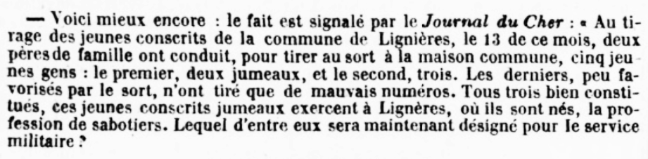 Le Temps, 23/03/1839 - Il s'agit des triplés Barthélémy, François et Gabriel RENAUD, nés le 27/08/1818
