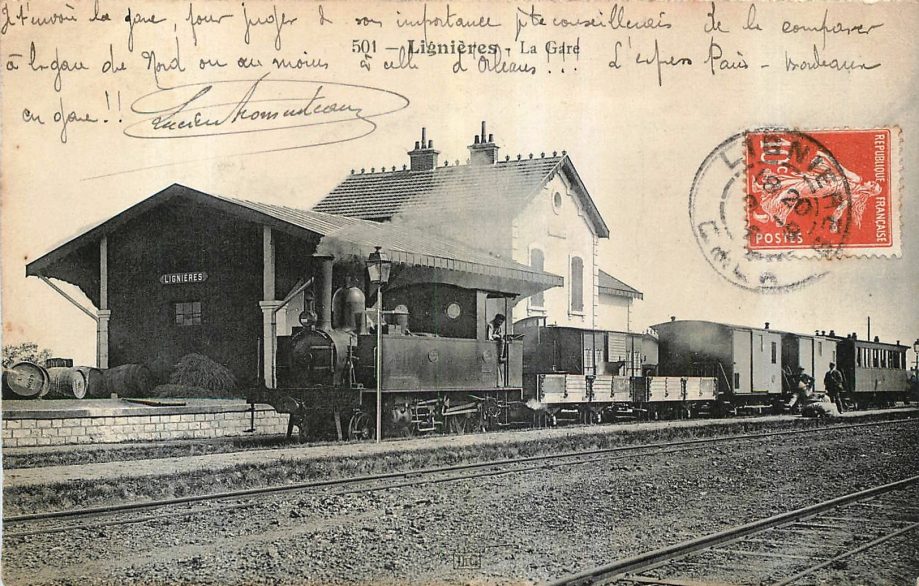 La portion Marçais/Lignières est inaugurée le 16 septembre 1906 !
Le tronçon Lignières/Saint-Florent est à son tour inauguré le 06 mai 1907 !
(Carte-postale ancienne)