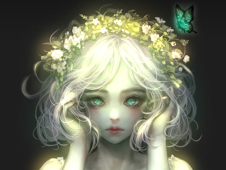 fantasy-girl-green-eyes-butterfly-flowers-wallpaper-preview
