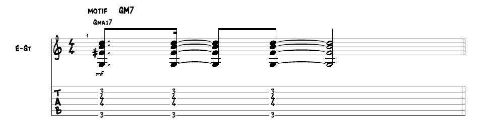 On débute avec un motif rythmique sur l'accord de GM7
