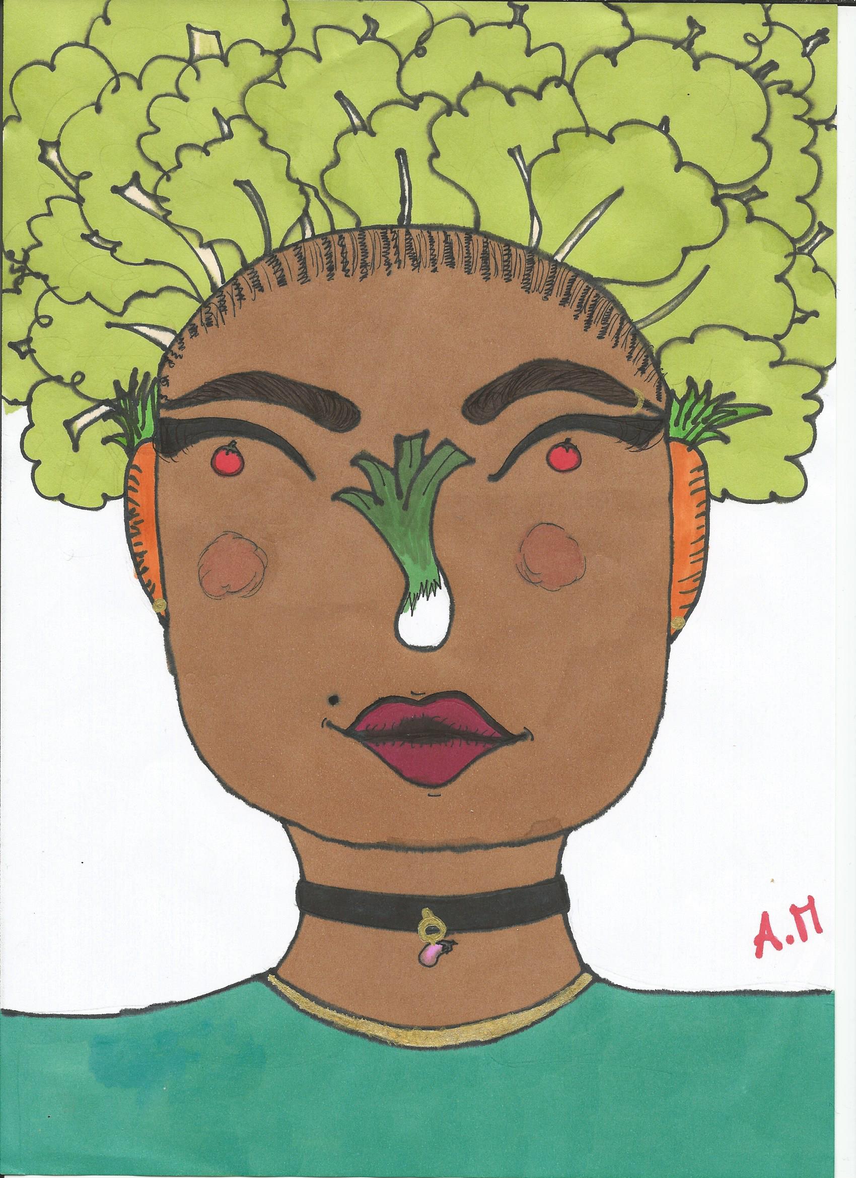 J'ai demandé à ma mère de me dire un thème de dessin. Elle m'a répondue :
Fais une fille et des légumes, en faisant l'association que je souhaitais. Comme vous le voyez j'ai fais une femme composée de légumes. Et voila ce que ça donne !