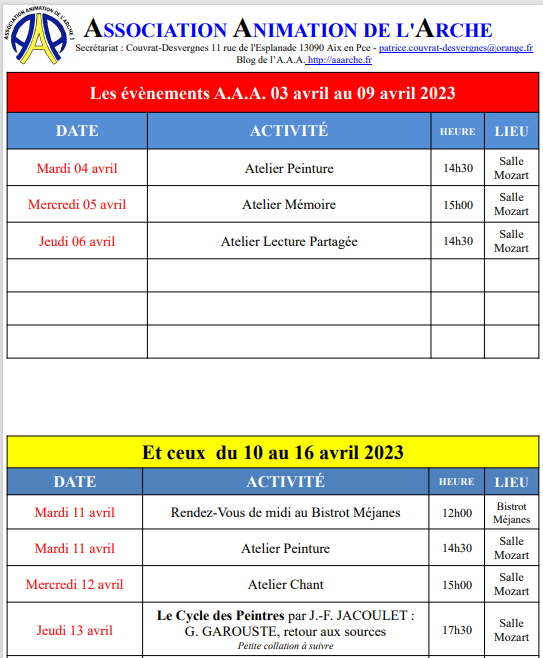 03 au 09 avril 2023 et 10 au 16 avril 2023