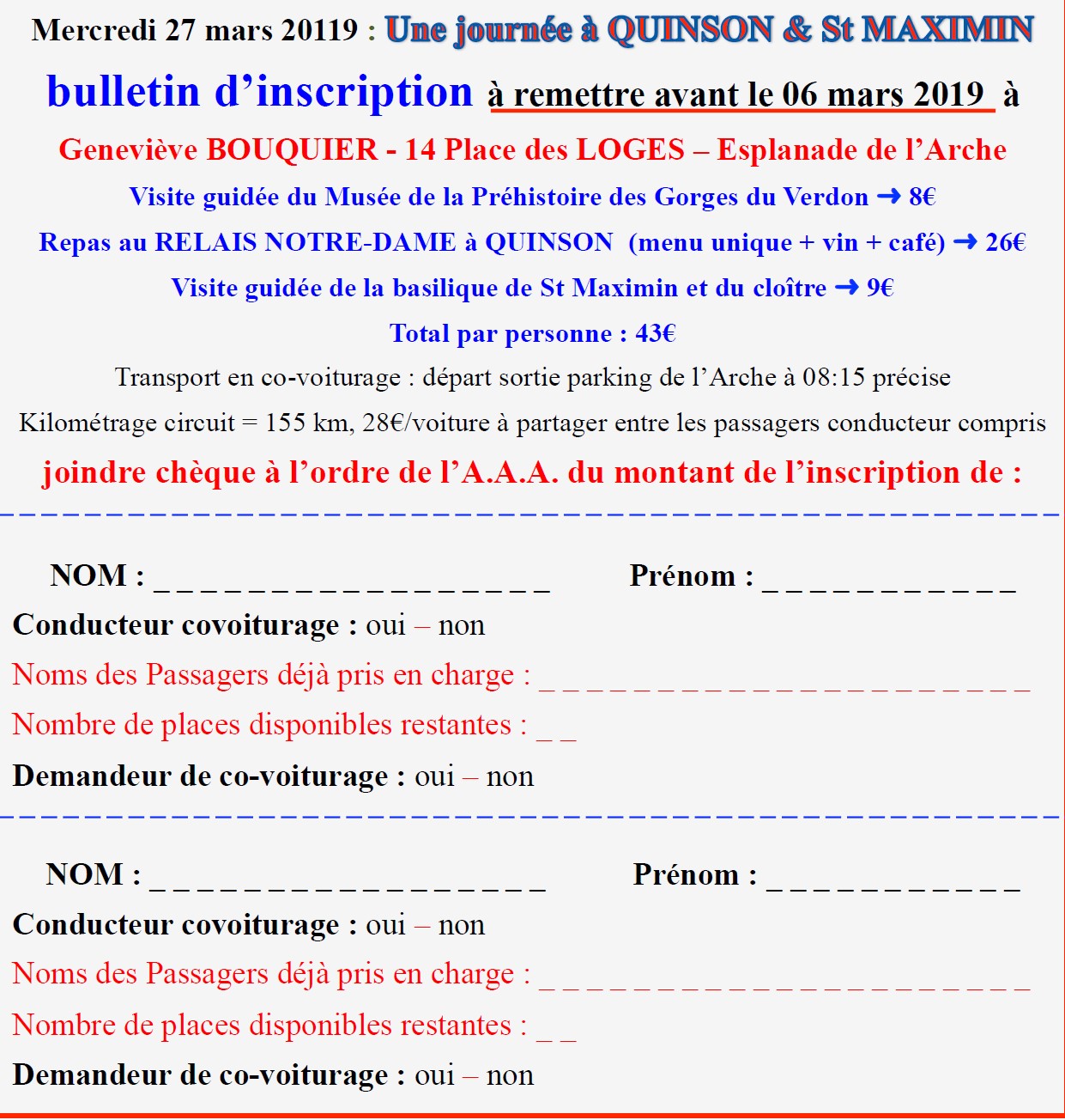 rappel de la date limite d'inscription : 6 mars 2019