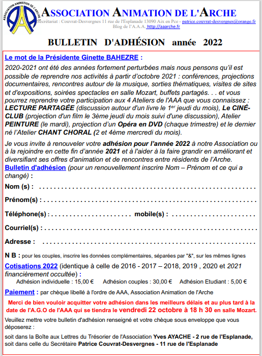 bulletin adhésion 2022