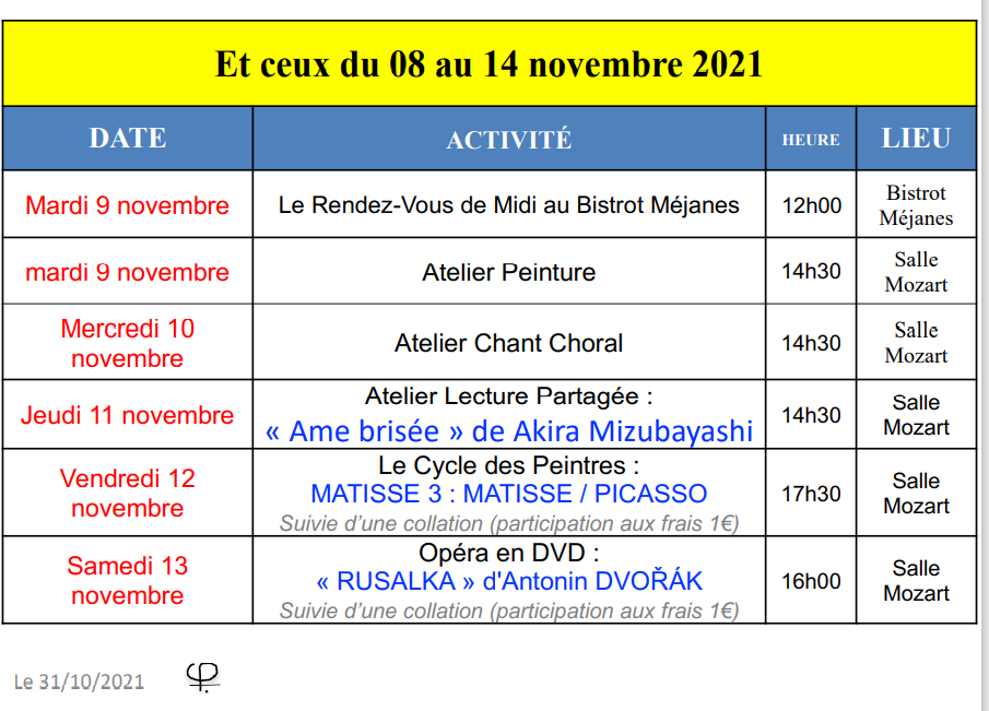 événements AAA du 8 au 14-11-2021