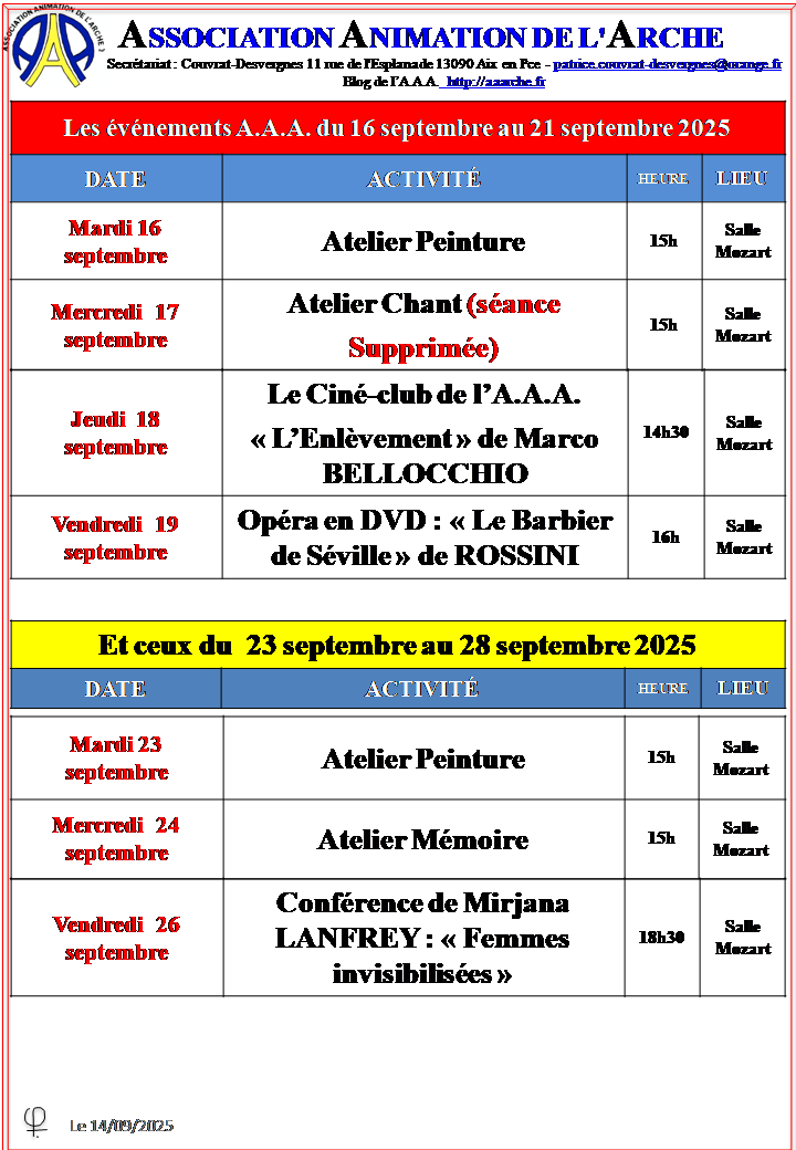 Les Eve_nements AAA de la semaine  du 16 au 21 septembre et du 23 au 28 septembre 2025