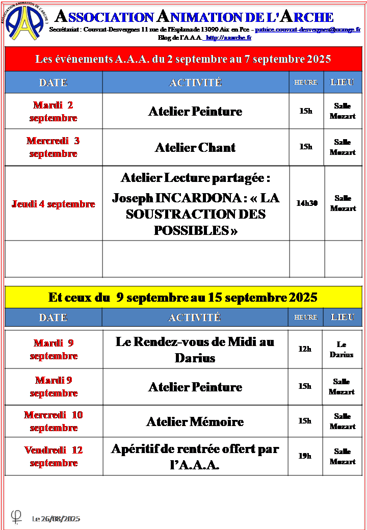 Les Eve_nements AAA de la semaine du 2 au 7 septembre 2025 et du 9 au 14 septembre 2025