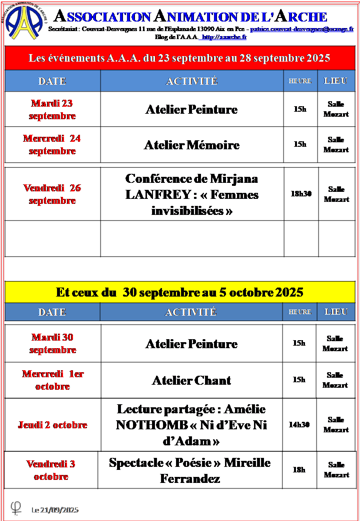 Les Eve_nements AAA de la semaine  du 23 au 28 septembre 2025 et du 30 septembre au 5 octobre 2025