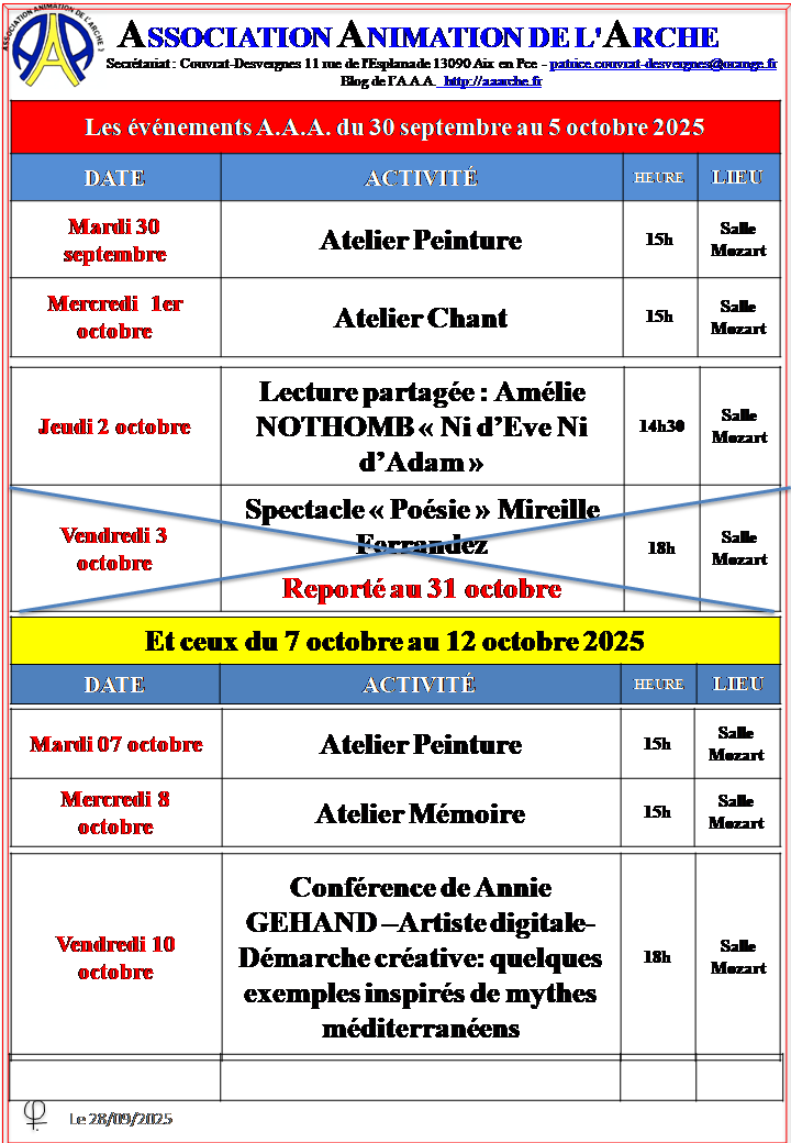 Les Eve_nements AAA de la semaine  du 30 septembre au 5 octobre 2025 et du 7 au 12 octobre 2025