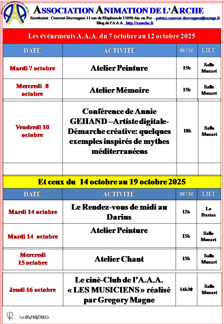 Les Eve_nements AAA de la semaine du 7 au 12 octobre et du 14 au 19 octobre  2025