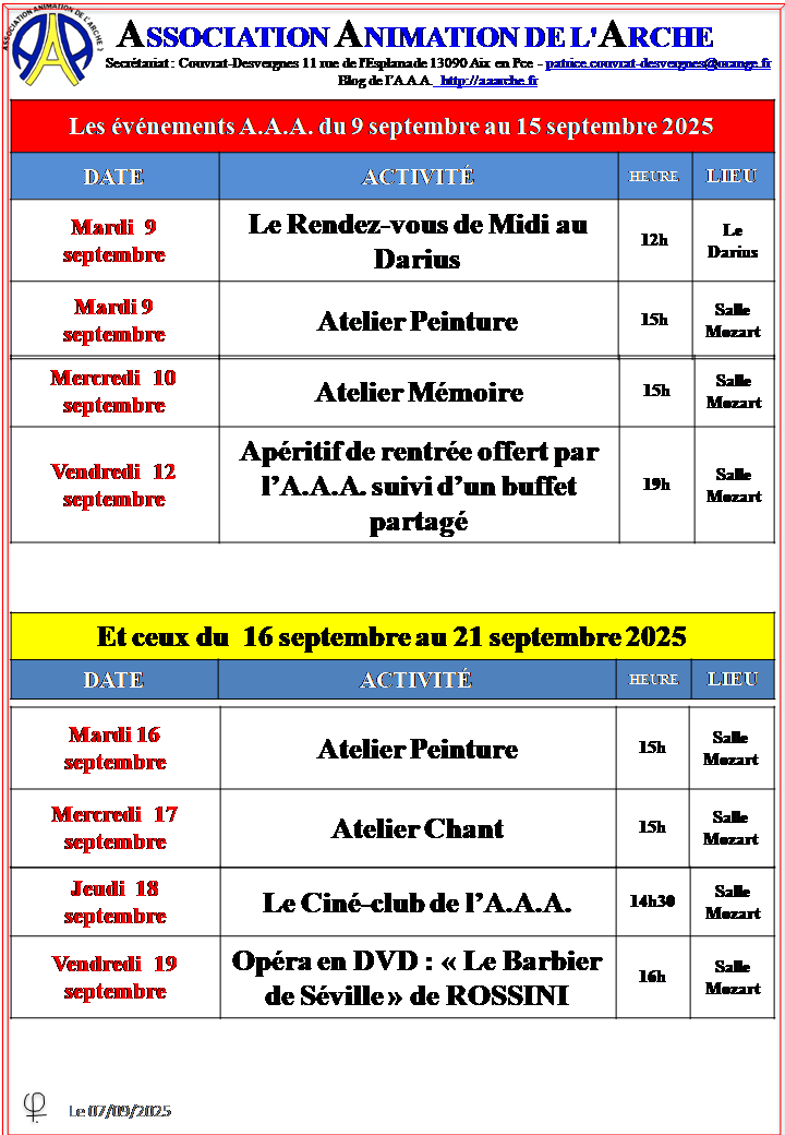Les Eve_nements AAA de la semaine du 9 au 14 septembre 2025 et du 16 au 21 septembre 2025