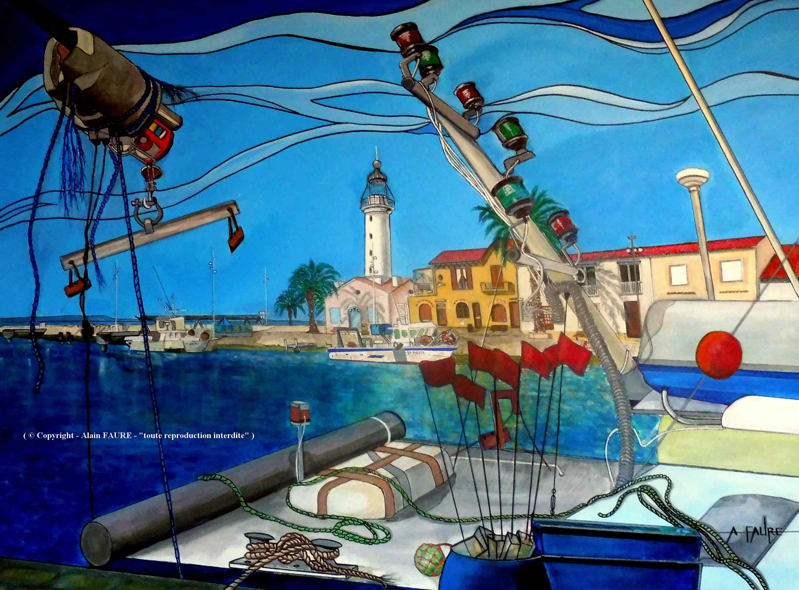 LE GRAU DU ROI               
Peinture Acrylique sur Toile : 100 x 73 cm.........2100 €
Au milieu des plages sablonneuses, des marais salants et des étangs côtiers peuplés de flamants, la ville du Grau-du-Roi encerclée par les eaux méditerranéennes constitue une escapade pittoresque en Camargue. Les visiteurs affluent sur le port de pêche bordé de palmiers, où les cafés et restaurants font face à la mer. Le port de pêche du Grau du Roi est le 2ème port de pêche de Méditerranée française.                                                                                                                                                                                                               
